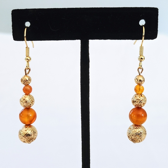 Piece #466 "Courageous" Gold Lava Stone Carnelian Bead Handmade Bangle Bracelet - Picture 3 of 6